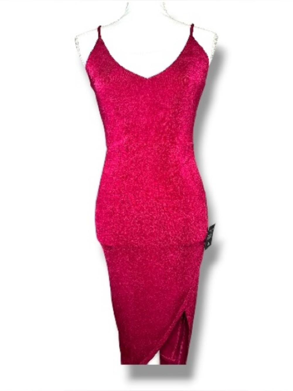 NWT Lulus Fuchsia Metallic Midi Dress Size S Front Slit Bodycon Party